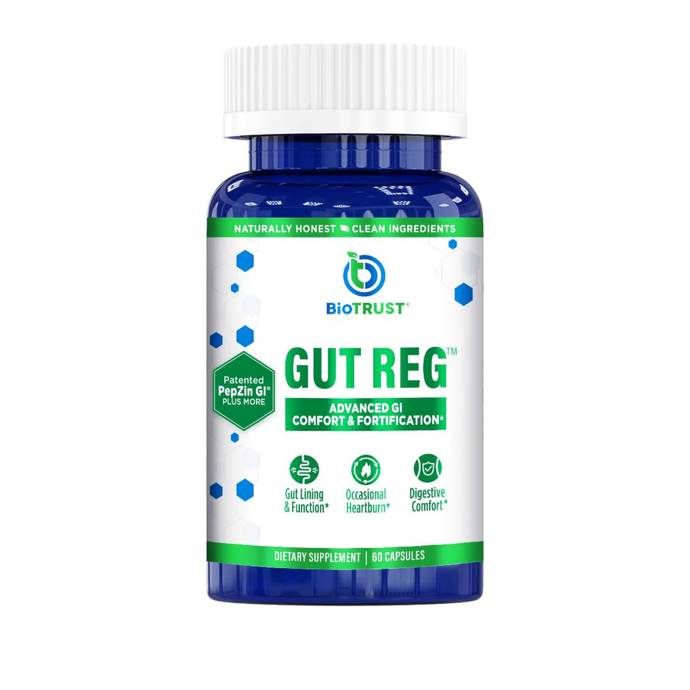 BioTrust Gut Reg bottle front view promoting gut lining support with PepZin GI