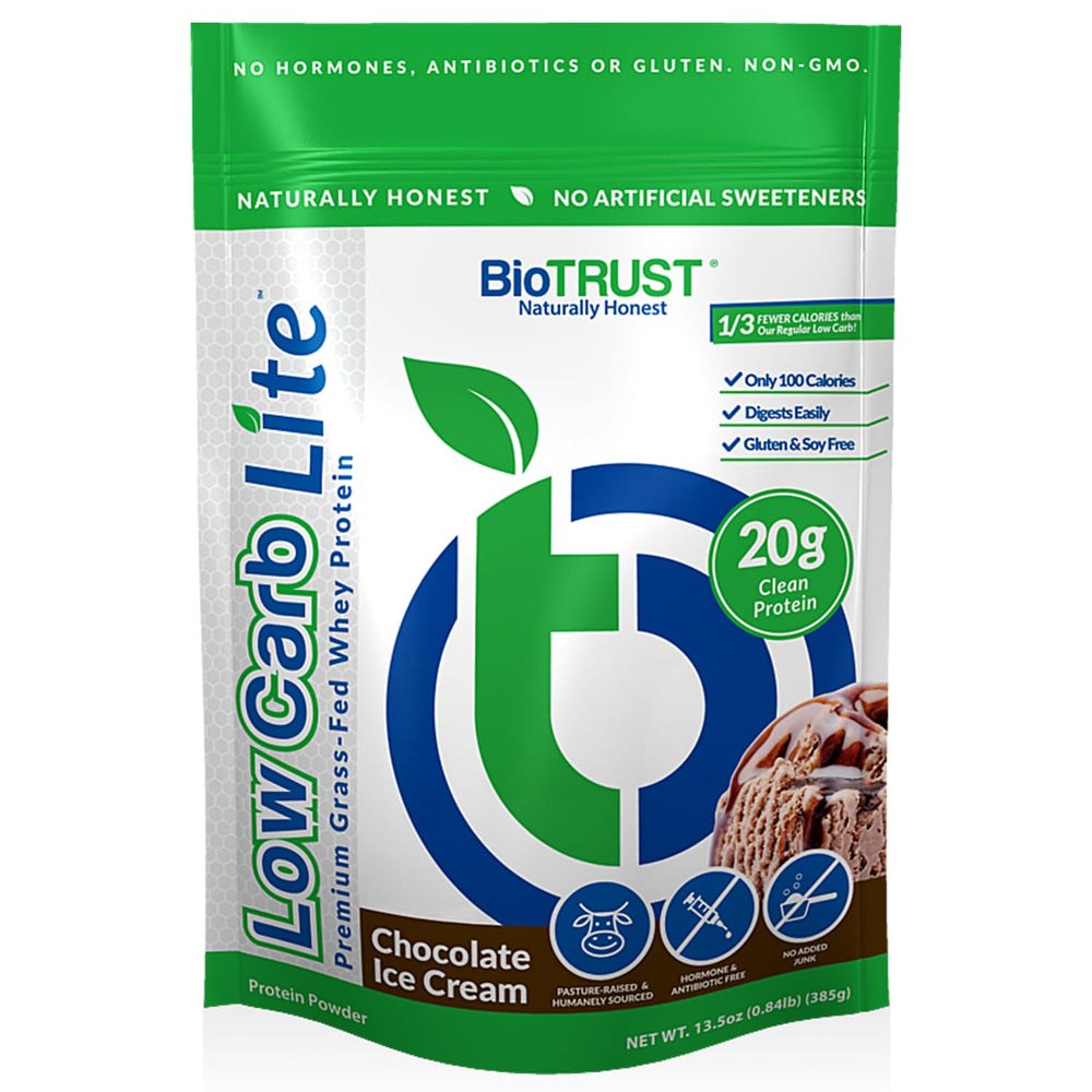BioTrust Low Carb Lite chocolate ice cream tub for a high-protein shake.