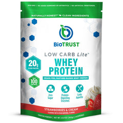 BioTrust Low Carb Lite bottle with Strawberries & Cream showing 20g protein per serving for active lifestyles