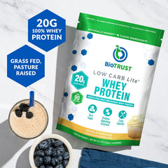 BioTrust Low Carb Lite vanilla cupcake shake glass highlighting post-workout protein
