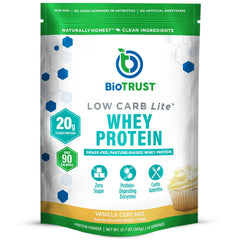 BioTrust Low Carb Lite vanilla cupcake tub front for quick fueling after workouts