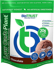 BioTrust Low Carb Plant chocolate bottle pouring a smooth dairy-free shake.