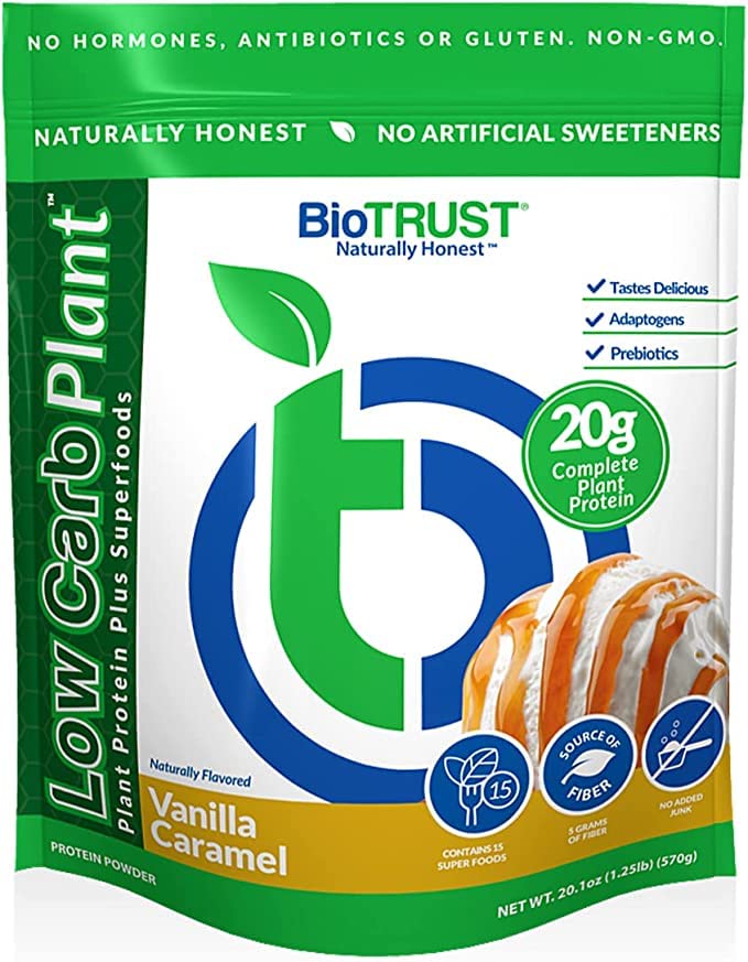 BioTrust Low Carb Plant vanilla caramel bottle showcases creamy shake ideal for post-workout fueling.