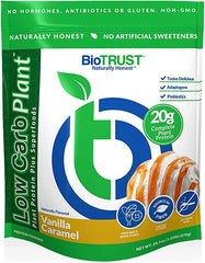 BioTrust Low Carb Plant vanilla caramel bottle showcases creamy shake ideal for post-workout fueling.