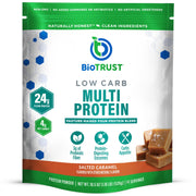 BioTrust Low Carb Protein Powder canister closeup highlighting grass-fed blend for post-workout nutrition.