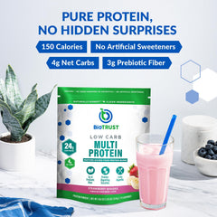 BioTrust low-carb protein powder dry powder jar in pantry with strawberry banana flavor