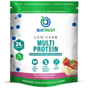 BioTrust low carb protein powder bottle with strawberry banana flavor for quick post-workout shake