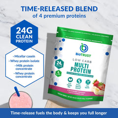 BioTrust low carb protein powder shaker ready for on-the-go strawberry banana blends