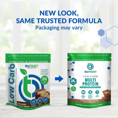 BioTrust Low Carb Protein glass shake showing creamy chocolate peanut butter blend