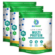 BioTrust Low Carb Protein Vanilla bottle highlights grass-fed dairy for premium protein support.