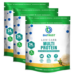BioTrust Low Carb Protein Vanilla bottle highlights grass-fed dairy for premium protein support.
