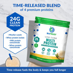 BioTrust Low Carb Protein Vanilla scoop suggests convenient post-workout serving.