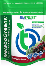 BioTrust Metabo Greens bottle front with vibrant berry blend, ideal for daily energy support