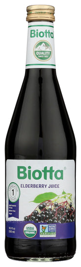 Biotta elderberry juice bottle front, pure flavor for daily enjoyment
