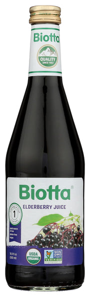 Biotta elderberry juice bottle front, pure flavor for daily enjoyment