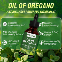 BIOZQYNK oregano liquid drops being dispensed with a dropper
