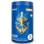 Birdman Falcon vanilla protein canister for a clean plant-based protein boost.