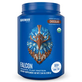 Birdman Falcon vegan protein powder chocolate tub showing clean ingredients and protein power