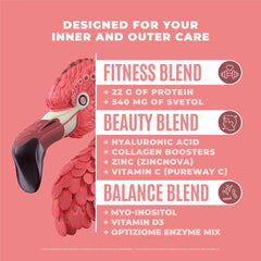 Birdman Fitmingo blueberry powder pouring into a shaker bottle for quick nutrition.