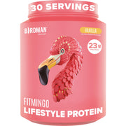 Birdman Fitmingo vanilla tub showing premium vegan protein for workouts.