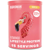 Birdman Fitmingo vanilla protein powder tub close-up highlighting plant-based formula.