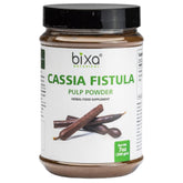 Bixa Botanical Cassia Fistula powder packaging highlighting natural, vegan, gluten-free formula for daily use