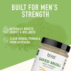 Bixa Botanical Safed Musli powder packaging box communicates a clean label without additives.