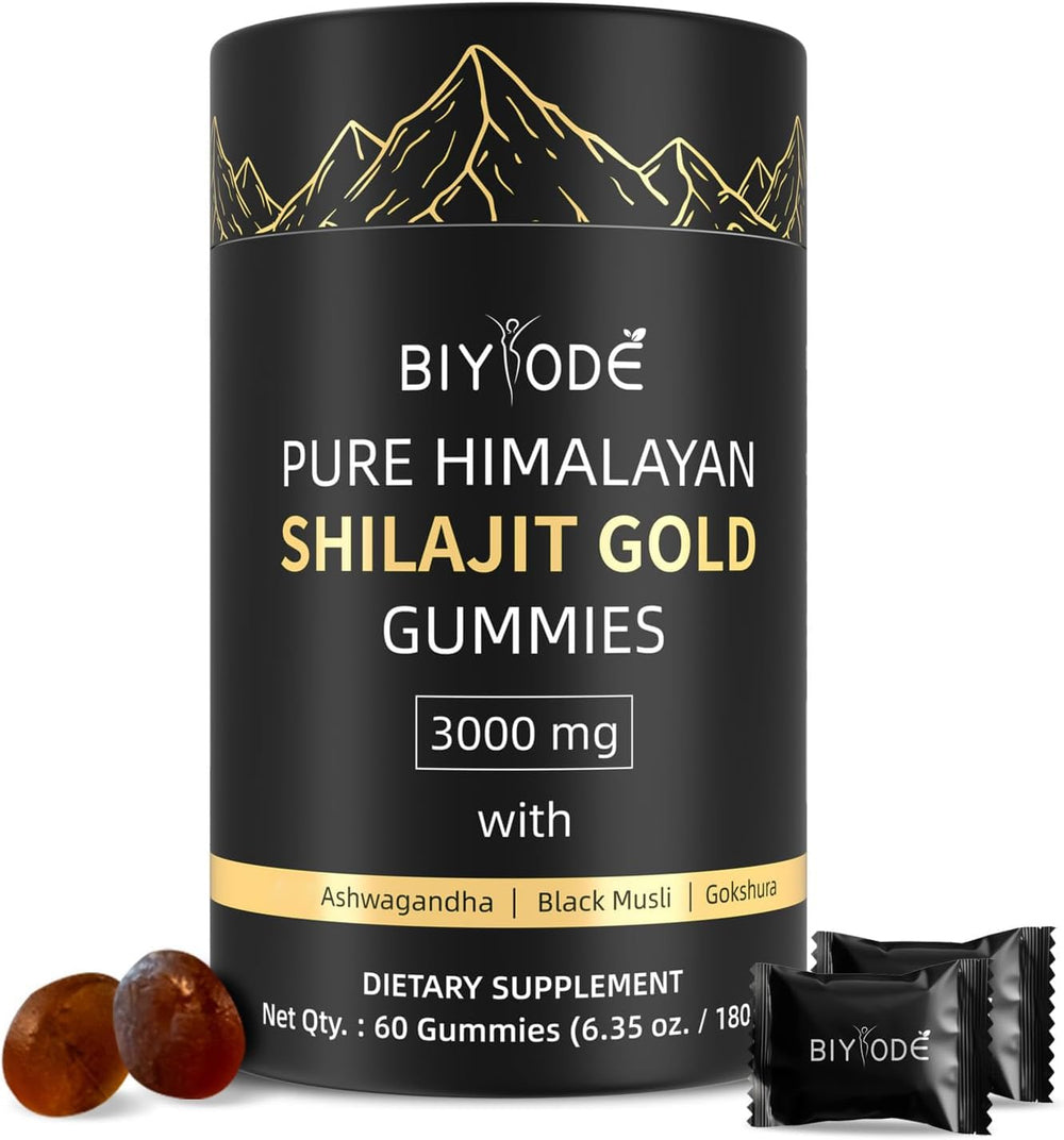 BIYODE Shilajit Gummies bottle front promoting energy support.