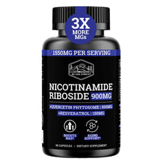 Black Forest NAD bottle on a clean surface showcases premium NR supplement for energy