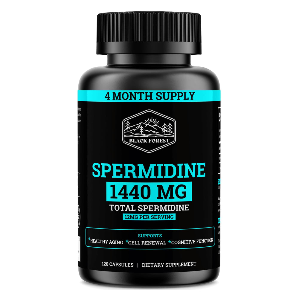 Black Forest spermidine supplement bottle shown for daily use and four-month supply