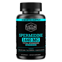 Black Forest spermidine supplement bottle shown for daily use and four-month supply