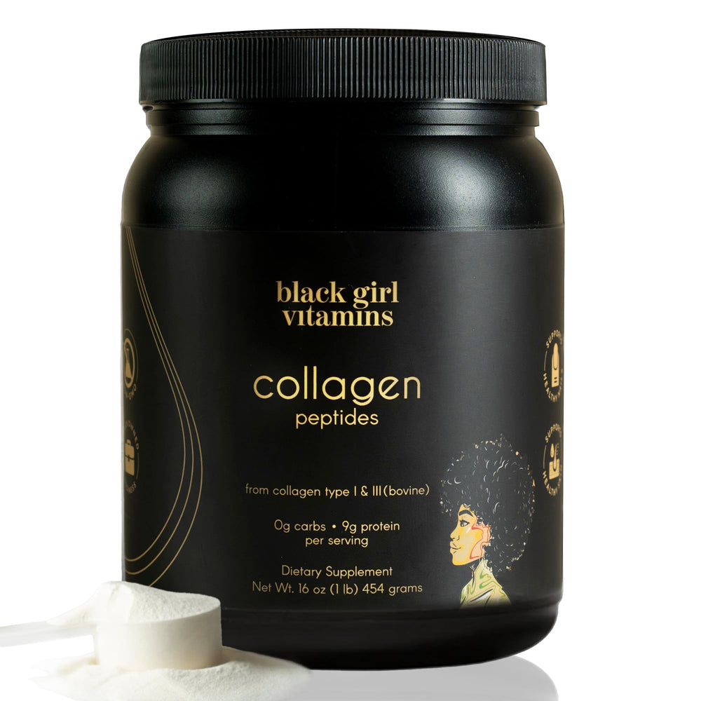 Black Girl Vitamins collagen peptides powder bottle pouring for skin and hair support.