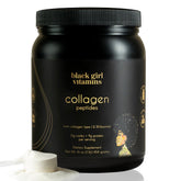 Black Girl Vitamins collagen peptides powder bottle pouring for skin and hair support.