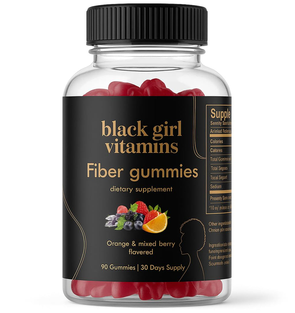 Black Girl Vitamins fiber gummies bottle highlights daily gut support.