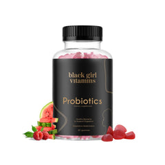 Black Girl Vitamins probiotic gummies bottle front for digestive balance and daily wellness.