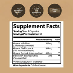 Black Girl Vitamins sea moss capsules label highlights organic, non-GMO formula for vitality.