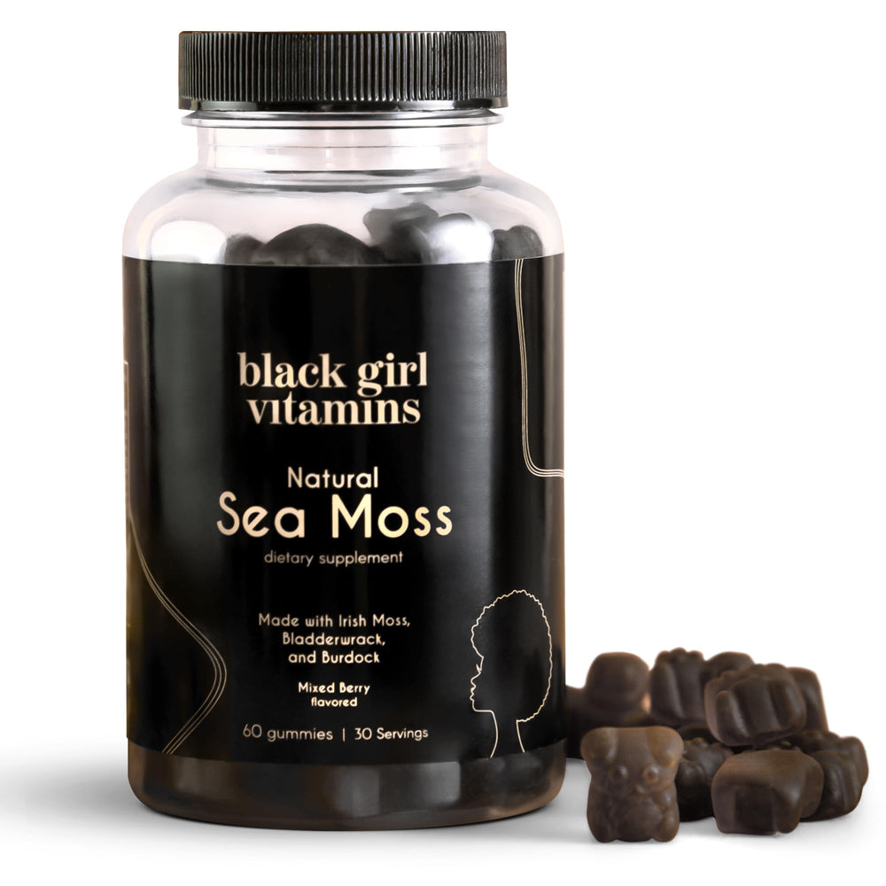 Black Girl Vitamins Sea Moss Gummies bottle close-up for daily minerals