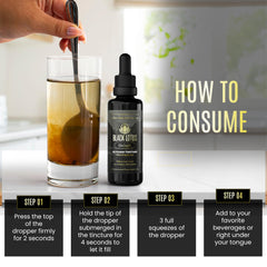 Black Lotus Shilajit resin dropper dispensing into water for energy support.