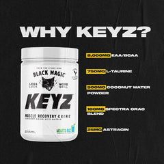 Black Magic Keyz scoop beside jar for on-the-go amino acid support