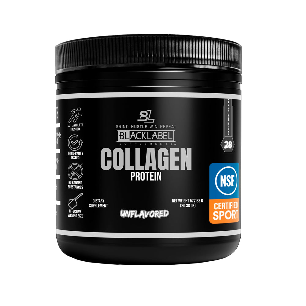 BlackLabel Collagen Unflavored Powder bottle for easy daily mixing and recovery routines.