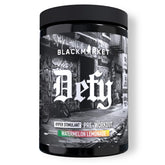 BLACKMARKET DEFY bottle front view highlighting high-stim pre-workout for intense training