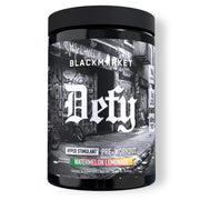BLACKMARKET DEFY bottle front view highlighting high-stim pre-workout for intense training
