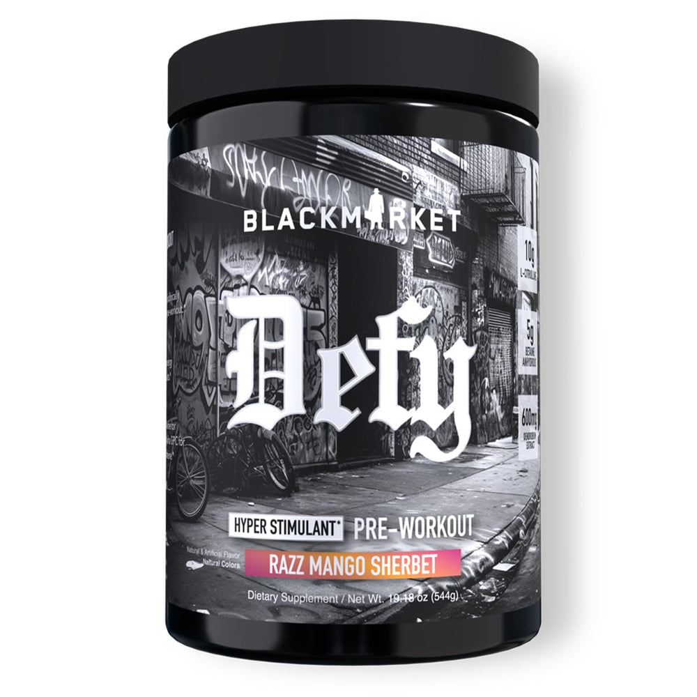 BLACKMARKET DEFY bottle front view highlighting energy-boosting pre-workout.