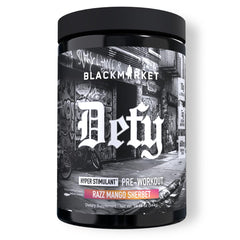 BLACKMARKET DEFY bottle front view highlighting energy-boosting pre-workout.