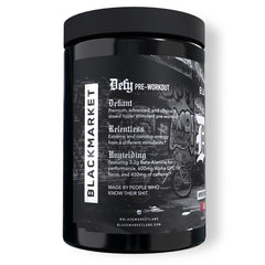 BLACKMARKET DEFY bottle nutrition panel shows transparent ingredient doses.