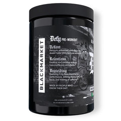 BLACKMARKET DEFY bottle side angle shows premium formula and energy potential