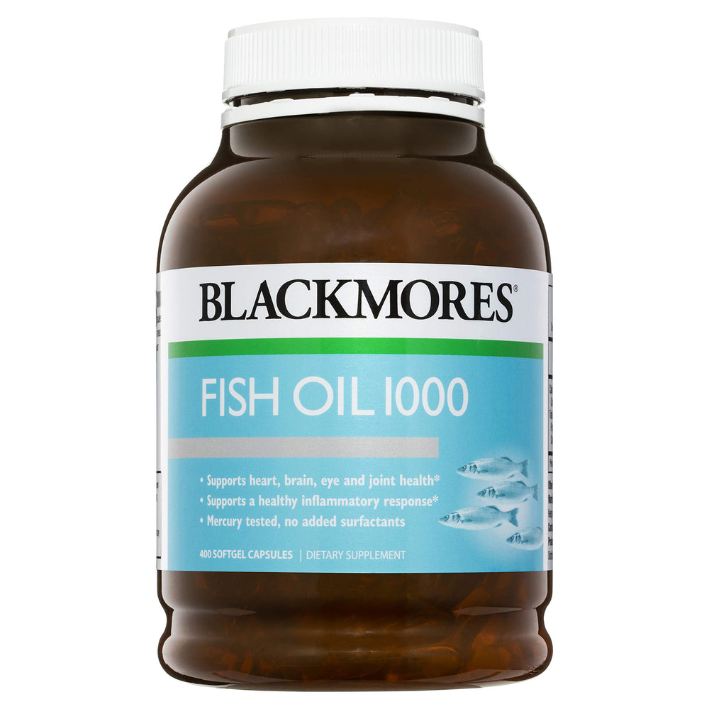 Blackmores Fish Oil 1000mg bottle image shows easy daily omega-3 support.