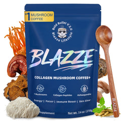 Blazze mushroom coffee bottle showcases premium packaging and convenient energy on the go.