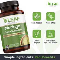 B'LEAF NATURE MORINGA capsules on shelf convey vegan, non-GMO wellness support.