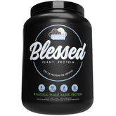 Blessed vegan protein powder cookies and cream tub showing high protein per serving